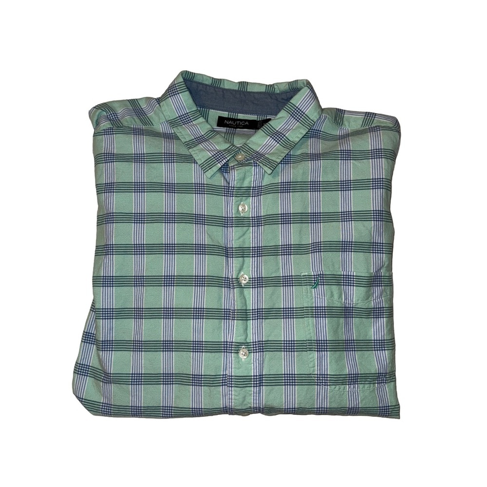 Men’s Nautica Blue and Green Plaid Button Down Shirt